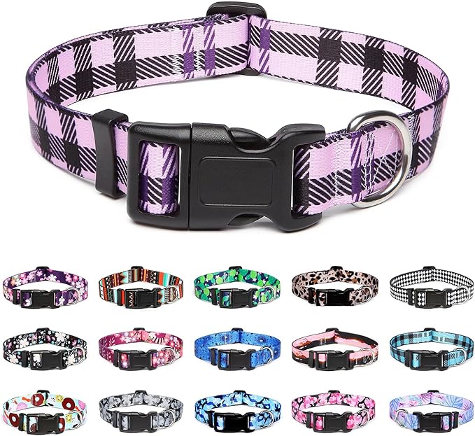 Mercano Adjustable Dog Collar - Special Design Patterns, Soft Nylon Comfortable Durable Pet Collar for Small Medium Large Dogs (S, Purple Plaid)
