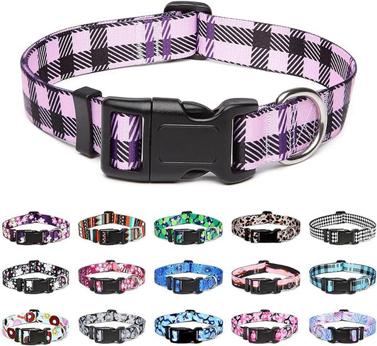Mercano Adjustable Dog Collar - Special Design Patterns, Soft Nylon Comfortable Durable Pet Collar for Small Medium Large Dogs (S, Purple Plaid)