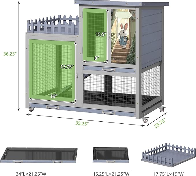 COZIWOW Double Layers Durable 38In Rabbit Hutch Indoor on Wheels, Small Animal Houses Habitat, Rolling Large Bunny Cage Outdoor with Removable Tray, Ramp, Two Story Bunny Cage（Grey with Pattern）