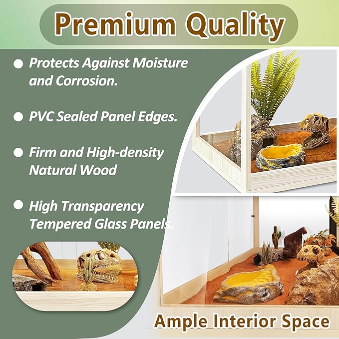 PROLEE Tempered Glass Bearded Dragon Tank,63 Gallon Reptile Tank with Meatl Mesh Roof and Front Sliding Door, Anti-Scratch Lizard Tank,Spacious Reptile Enclosure for Snakes,Lguanas, Chameleons (Oak)