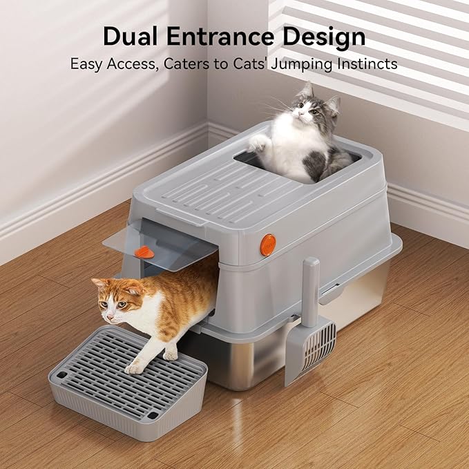 XL Stainless Steel Cat Litter Box with Easy-Open Lid, AOTRUTII Enclosed Metal Litter Box for Big Cats, Front Entry & Top Exit, High Sided, Anti-Leak, Non-Stick, Easy to Clean, Includes Scoop