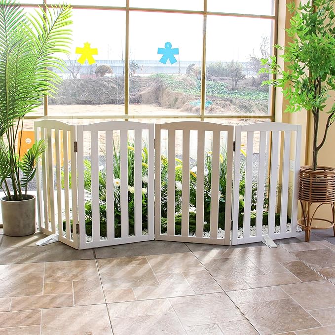 ZJSF Foldable Freestanding Indoor Dog Gate for House Wood White Long Pet Gates Dog Fence for Stairs Puppy Gates for Hallways,Pet Fence, Puppy Gate,Support Feet Included 24 "Height-4 Panels