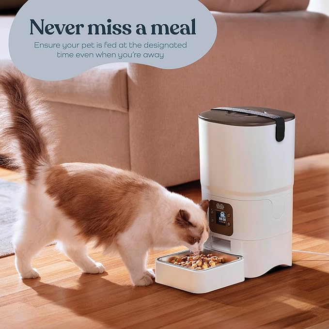 Smart Automatic Cat Feeder - 6-L Reliable Automatic Cat Food Dispenser with Display LCD Screen for Easy Set Up - (White)