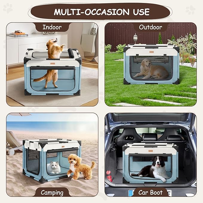 Dog Crate - Soft Pet Kennel for Dogs/Cats, 3-Door Breathable Travel Cage with Mesh Window, Portable Dog Kennel for Indoor & Outdoor, Blue-L