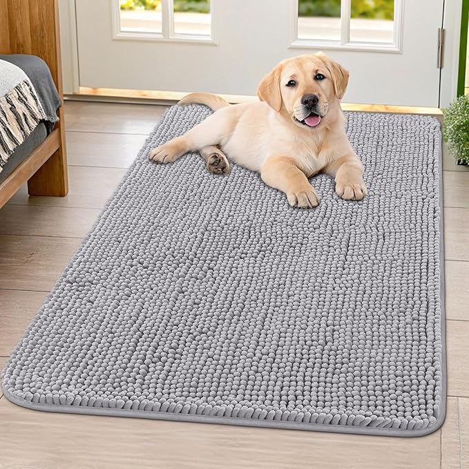 Smiry Dog Door Mat for Muddy Paws 40x32, Absorbs Moisture and Dirt Doormat, Non-Slip Washable Quick Dry Chenille Front Door Mat Indoor Entrance, Entryway Carpet for Inside Floor, Light Grey