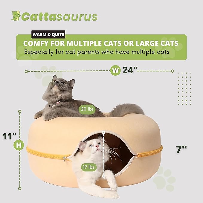 Cattasaurus Peekaboo Cat Cave for Multiple & Large Cats Up to 30-45 Lbs, Scratch Detachable & Washable Tunnel Bed, Comfy Donut Cat Cave (Pastel Macaron, Large)