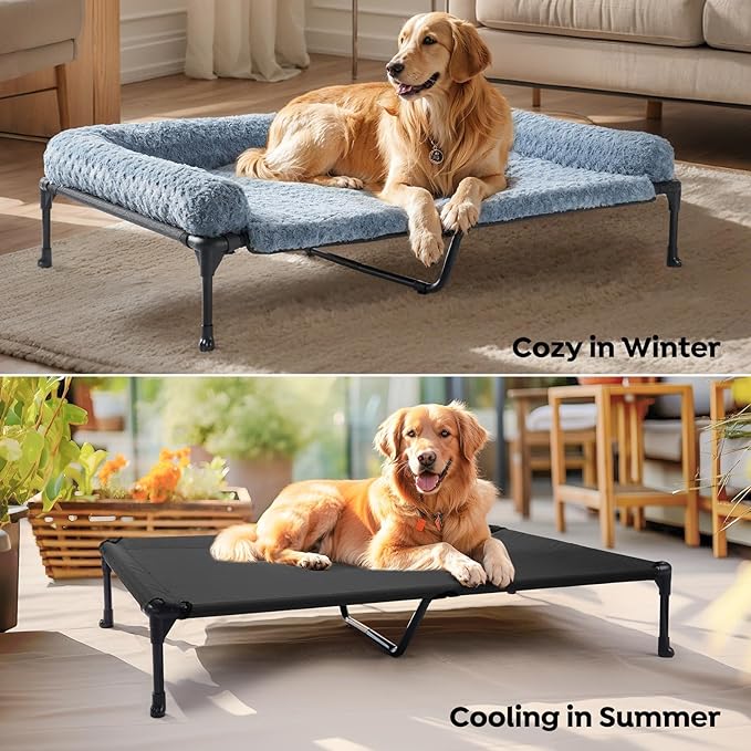 Veehoo Cooling Elevated Dog Bed Add Removable Deluxe Rose Plush Bolster Cushion Mat, 53" x 33" Washable Dog Couch Bed, Raised Pet Cot with Breathable Teslin Mesh, No-Slip Feet, Haze Blue, CWC2439B