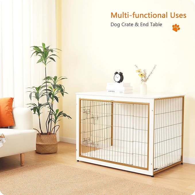 DWANTON Dog Crate Furniture with Cushion, Wooden Kennel Table with Double Doors, Indoor Dog House, Extra Large Size, 43.3" L, White+Gold