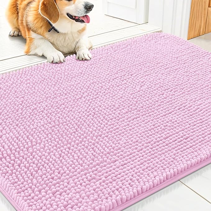 Smiry Dog Door Mat for Muddy Paws 30x20, Absorbs Moisture and Dirt Doormat, Non-Slip Washable Quick Dry Chenille Front Door Mat Indoor Entrance, Entryway Carpet for Inside Floor, Pink