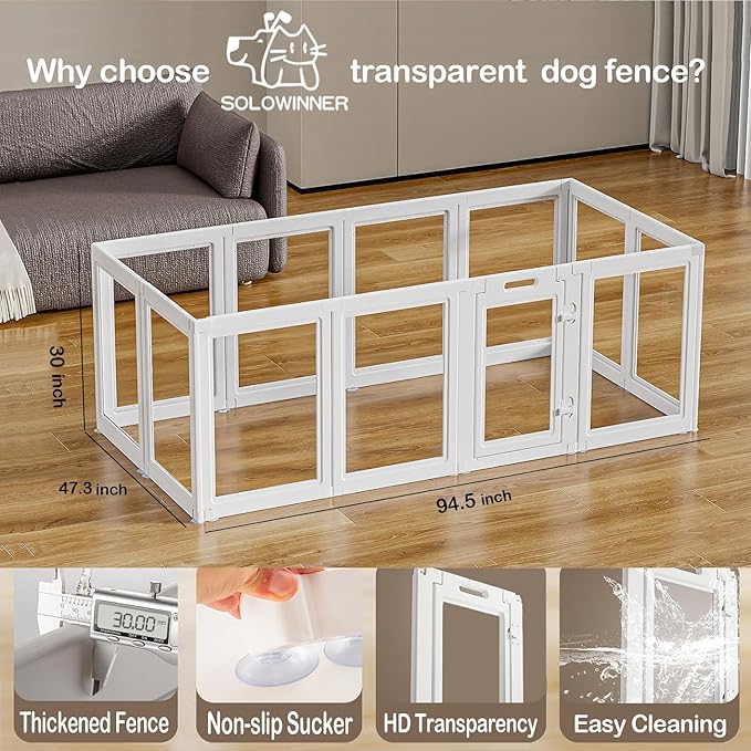 Clear Acrylic Dog Playpen Transparent Dog Playpen Indoor, Easy Assemble Clear Pet Pen for Puppy Bunny Cat Pig, Sturdy & Easy Cleaning Plastic Dog Puppy Fence (30" H, 12PCS)