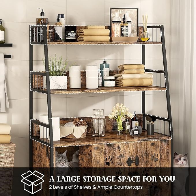 Recaceik Large Cat Litter Box Enclosure with Shelf Storage, Hidden Cat Washroom Furniture, Wooden Cat House with Scratch Pad, Sturdy Indoor Cat Cabinet with 2 Doors, Rustic Brown