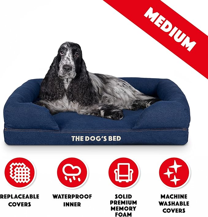The Dog’s Bed, Med Blue Denim 30x23.5, Memory Foam, Pain Relief: Arthritis, Hip & Elbow Dysplasia, Post Surgery, Lameness, Supportive, Calming, Waterproof Washable Cover, Veterinary Approved