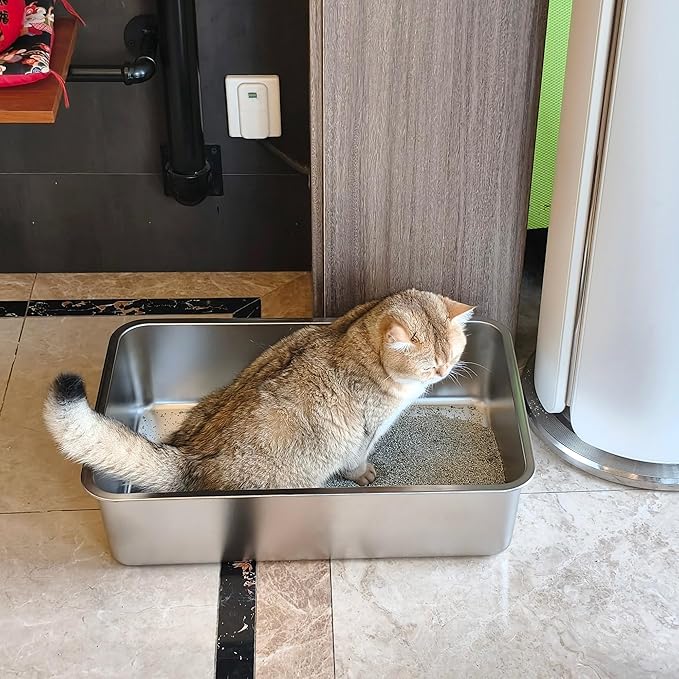 Stainless Steel Cat Litter Box,Metal Litter Box,Cat Litterbox for Kitten, Kitty, Rabbit, 6" High Side Cats Litter boxs,Large Stainless Steel LitterBox, No Smell,Non Stick,Easy to Clean