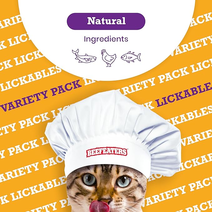 Beefeaters Cat Treats Variety Pack Lickable Puree 48ct – Salmon, Tuna & Chicken, Grain-Free, Taurine-Enriched, Ideal for Training & Interactive Feeding