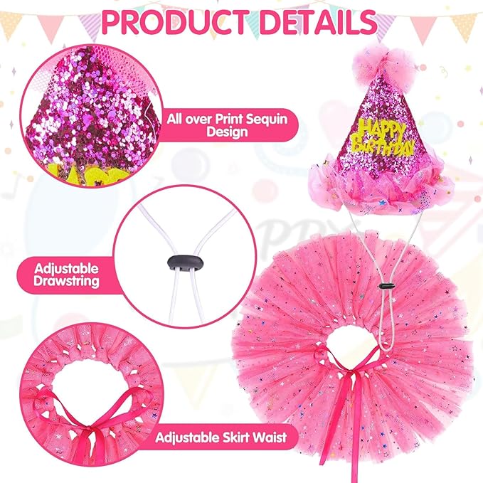 SCENEREAL Dog Birthday Bandana with Hat and Dress Girl Set, Puppy Birthday Party Supplies, Cute Pink Tutu Skirt Outfit for Small Medium Large Dogs