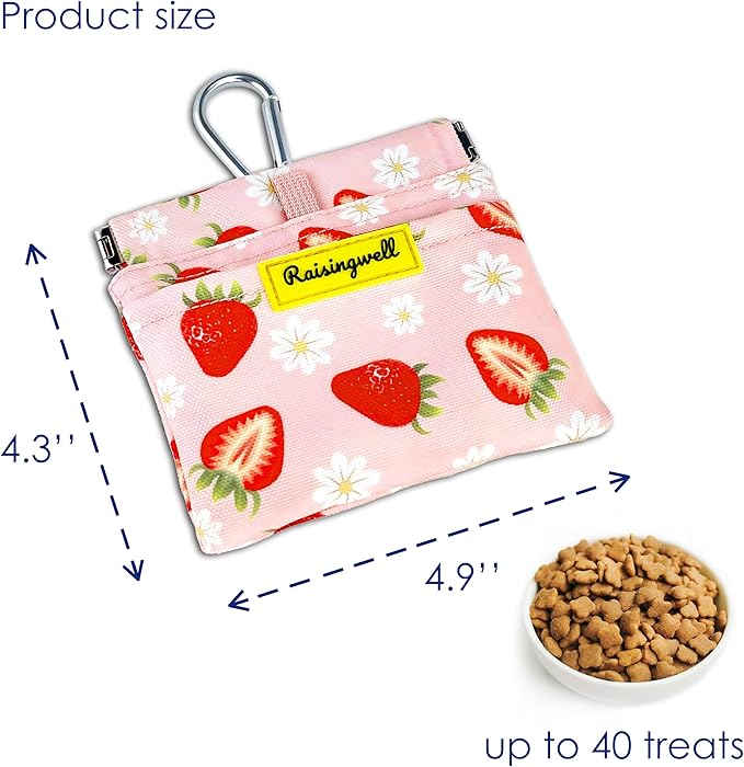 Dog Treat Pouch,Cotton Pocket Sized Training Holder, Hand Free Walking Funny Bag with Carabiner, Self-Closing Pet Feed Snack Reward, Behavior Aids for Puppy Travel or Outdoor Use（Strawberry）