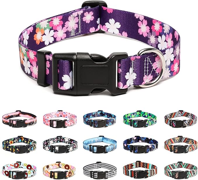 Mercano Adjustable Dog Collar - Special Design Patterns, Soft Nylon Comfortable Sturdy Pet Collar for Small Medium Large Dogs (S, Floral Pink)