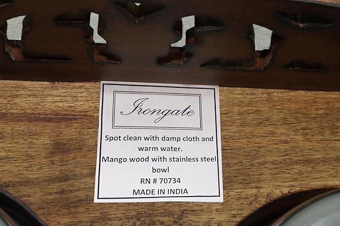 Elevated Pet Feeder for Dogs and Cats - Scroll Carved Wood Raised Dog Bowl Stand - Pet Feeding Stand with Two Steel Bowls - Raised Dog Bowl for Food and Water - Pet Feeding Station -17x11x4- IRONGATE