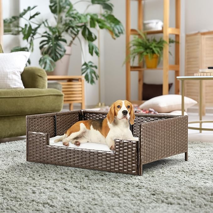 YITAHOME Rattan Dog Sofa Bed with Cushion,Wicker Pet Bed Sofa Couch Indoor Outdoor Water Unaffected for Large Medium Small Dogs Cats (24.8''L*19.7''W*9.8'',Beige)