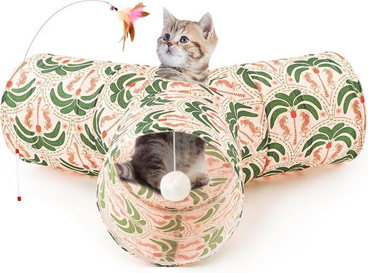 Tempcore Pet Cat Tunnel Tube Cat Toys 3 Way Collapsible, Cat Tunnels for Indoor Cats，Kitty Tunnel Bored Pet Toys Peek Hole Toy Ball Puppy, Kitty, Kitten, Rabbit Khaki Coconut Tree
