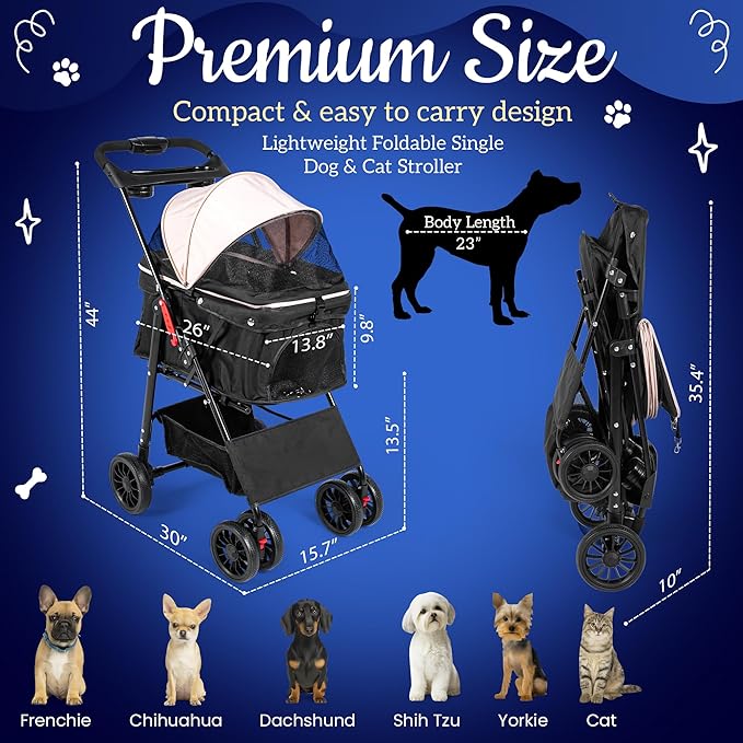 Pet Stroller with 4 Rolling Casters for Pets – Lightweight Multifunctional Travel Stroller with Mesh Windows, Cup Holder, Sun Shades & Storage Pocket for Puppy and Kitty