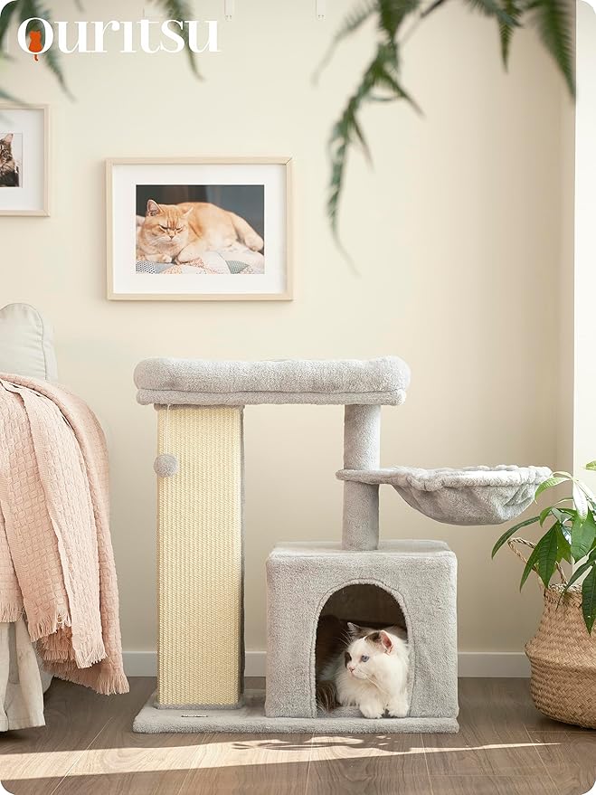 Ouritsu Cat Tree, 27 inch Cat Tower for Large Cat Indoor, Enlarged Condo, 1 Widened Padded Perch, Luxury Tall Scratching Post, Fluffy Basket, Light Gray, MF002GA