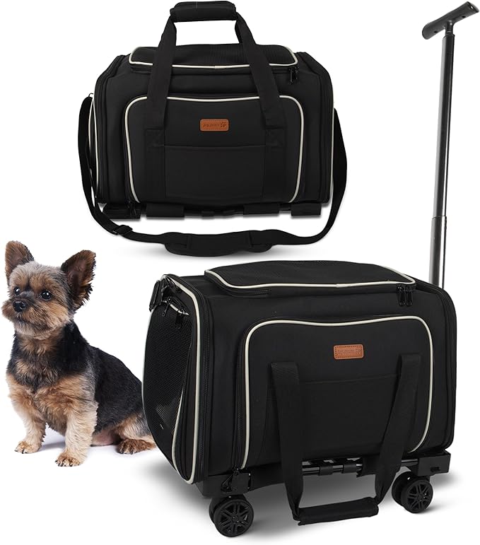 Pet Carrier for Travel - Small Dogs/Cats - 15 LBS MAX Dogs/Cats Expandable - Airline Approved & Roomy - Premium Pets Carrier with Wheels - Cozy Soft-Lined Travel Carrier - Stylish Black Design
