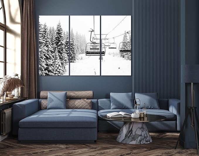 Nature Wall Art Prints - Ocean Forest Mountain Lake Canvas Landscapes - Small to Extra Large Living Room Bedroom Kitchen Bathroom Décor (Ski Lift on Snowy Mountain, 31L" x 47W" - 3 Panels)
