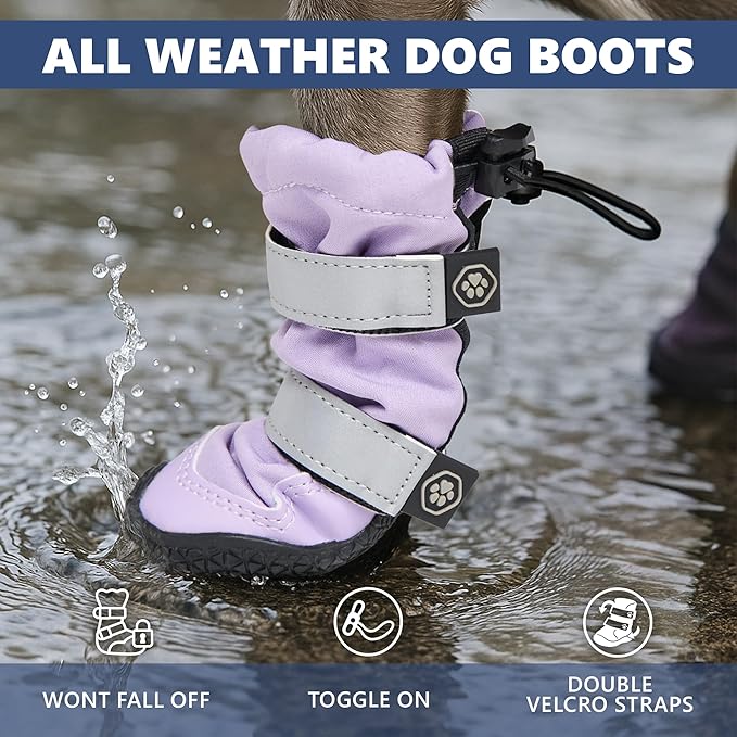 Spark Paws Dog Shoes, Waterproof Dog Boots for Medium to Large Dogs, Non Slip, Breathable Dog Booties and Paw Protectors - 4PCS Doggie Hiking Boots with Reflective Straps - Lilac - Size 4