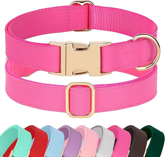 PET ARTIST Soft PU Leather Dog Collar, Bright & Stylish Hot Pink Dog Collar Girl with Quick Release Rose Metal Buckle, Nylon Padded Durable Pet Collars Adjustable for Medium Dogs, Neck Fit 13-19"