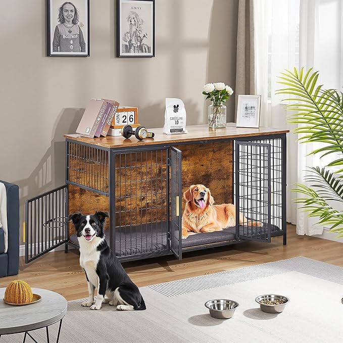 VECELO Dog Crate Furniture for Medium/Large Dogs, Wooden Dog Cage with Cushion, Double Door, Dog Kennel End Table, Brown