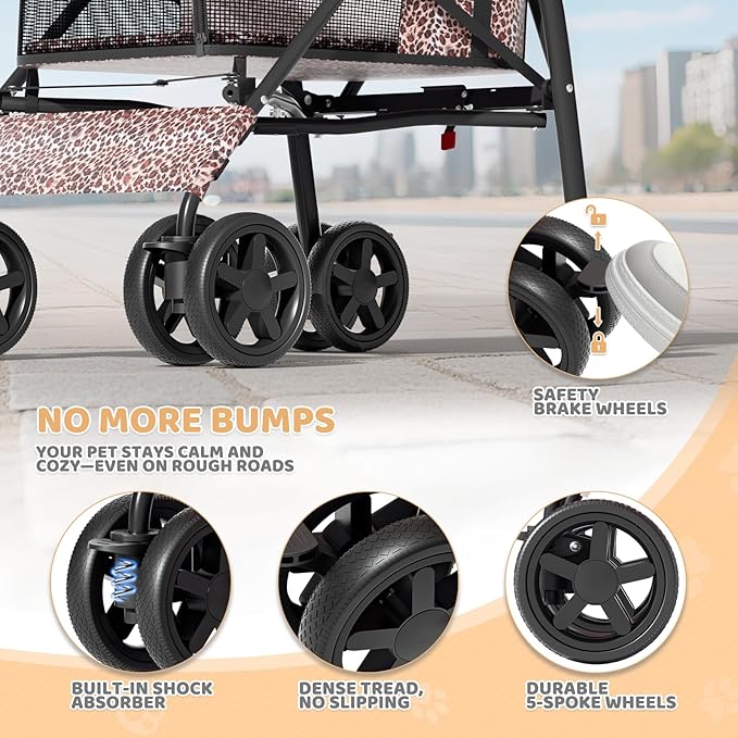 Magshion Compact Pet Stroller for Small-Medium Dogs/Cats up to 22lbs, 4-Wheel Lightweight Umbrella Shaped Portable Puppy Travel Jogger with Breathable Mesh, Cup Holder & Rear Storage, Leopard Print