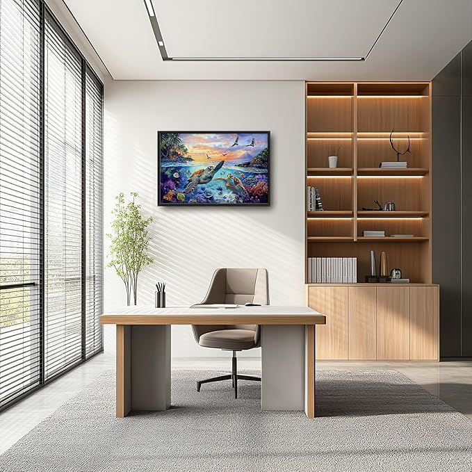 Framed Large Sea Turtle Wall Art for Living Room, Oversized Ocean Turtle Wall Decor Seascape Underwater Marine Life Canvas Painting Home Decoration for Living Room Bedroom Office 36"x24"