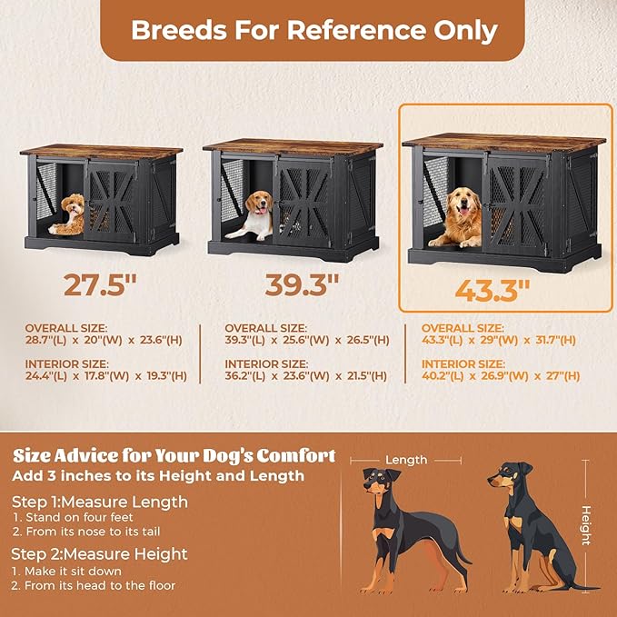 VOPEAK 43.3" XL Dog Crate Furniture, Chew Resistant Dog Crate for Medium Large Dogs, Heavy Duty Extra Large Dog Crate Dog Kennel Indoor with Double Doors, Wooden End Table for Living Room, Black