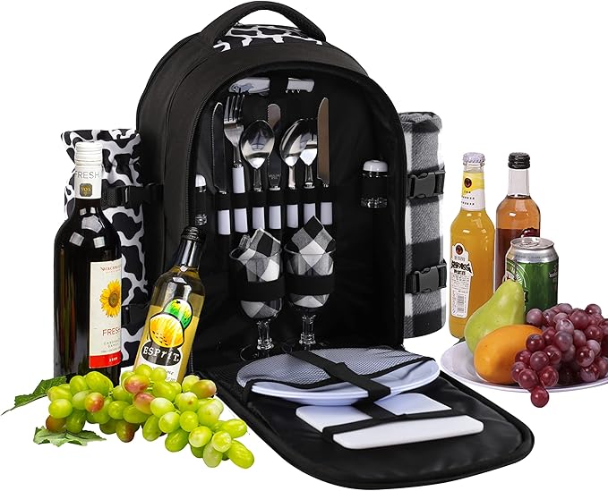 apollo walker Picnic Backpack Bag for 2 Person with Cooler Compartment, Detachable Bottle/Wine Holder, Fleece Blanket, Plates and Cutlery Set (2 Person, Black)