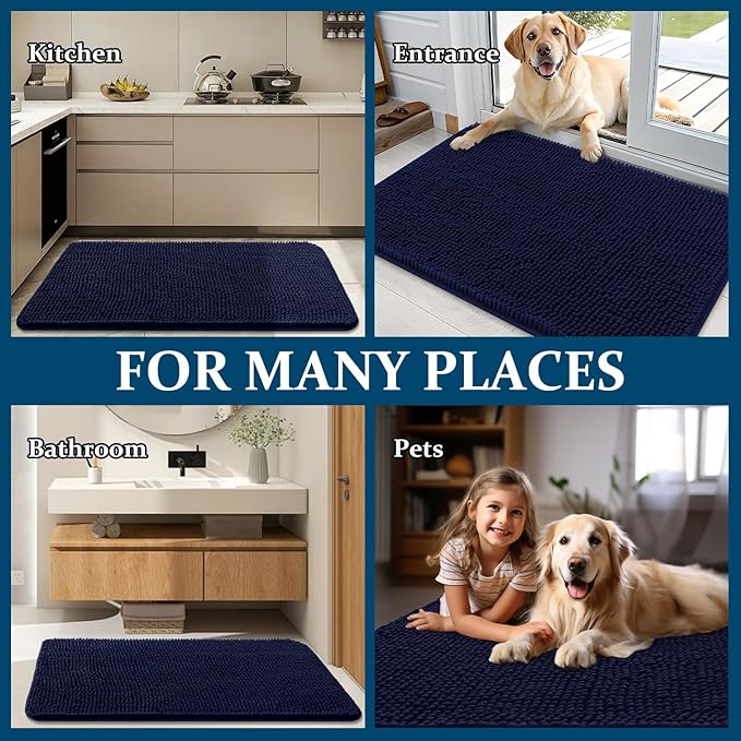 OLANLY Dog Door Mat Set 2-Piece 36x24, Absorbs Moisture and Dirt, Absorbent Non-Slip Washable Doormat, Quick Dry Chenille Mud Mat for Dogs, Entry Indoor Entryway Carpet for Inside Floor, Navy Blue
