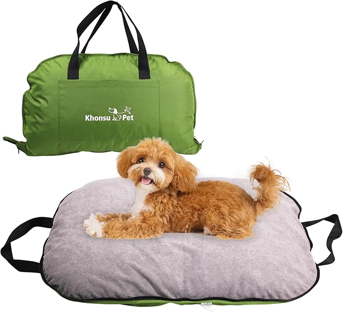 Portable Waterproof Dog Mat for Camping, Patio & Travel - Foldable Outdoor Dog Bed with Teflon Shell & Removable Plush Pad - Easy Clean, Durable - S (Sage Green)