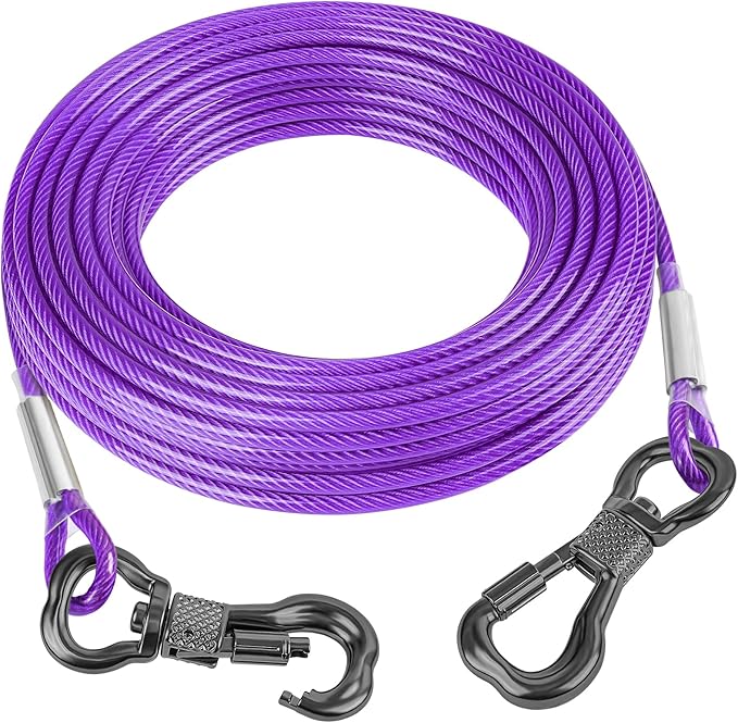 Tresbro 50FT Reflective Tie Out Cable for Dogs Up to 250 Pounds, Steel Wire Lead Leash Cable with Stainless Rotatable Buckle, Lightweight and Enduring, Dog Chains Outside for Outdoor, Yard, Purple