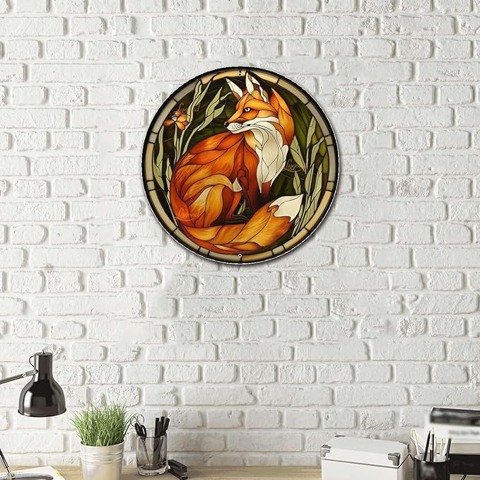 Lygond Metal Sign Tin Sign Circular Stained Glass Red Fox Wall Art for Bar 8×8 Inches