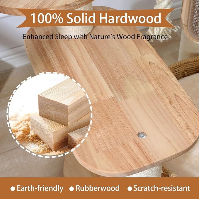 Wooden Cat Tree for Large Cat, 49.6-Inch Tall Cat Tower with Scratching Post for Indoor Cats, Multi-Level Cat Condo with Hand-Woven Cat Bed and Scratching Board Easy to Clean