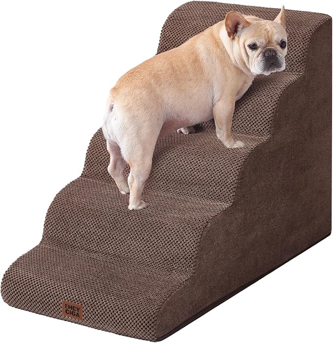 EHEYCIGA Curved Dog Stairs Ramp for High Beds, 5-Step Extra Wide Dog Steps for Small Dogs and Cats, Pet Stairs for High Bed Climbing, Non-Slip Balanced Pet Step Indoor, Brown