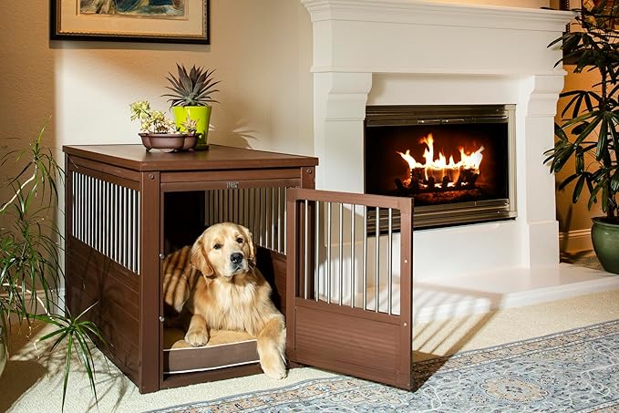 New Age Pet ECOFLEX Dog Crate End Table - Furniture-Style Pet Crate for Crate Trained Dogs - Stainless Steel Tubing & a Latched Closure - 10 Year Manufacturer's Warranty, X-Large, Brown
