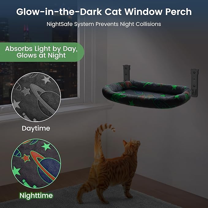 2 Pack Cat Window Perch, Glow in The Dark Foldable Cat Hammock with Cozy Pad Bed, Breathable Cordless Window Seat with Stud Metal Frame for Large Cats and Kitten (Cushion Bed, 2 Pack - L)