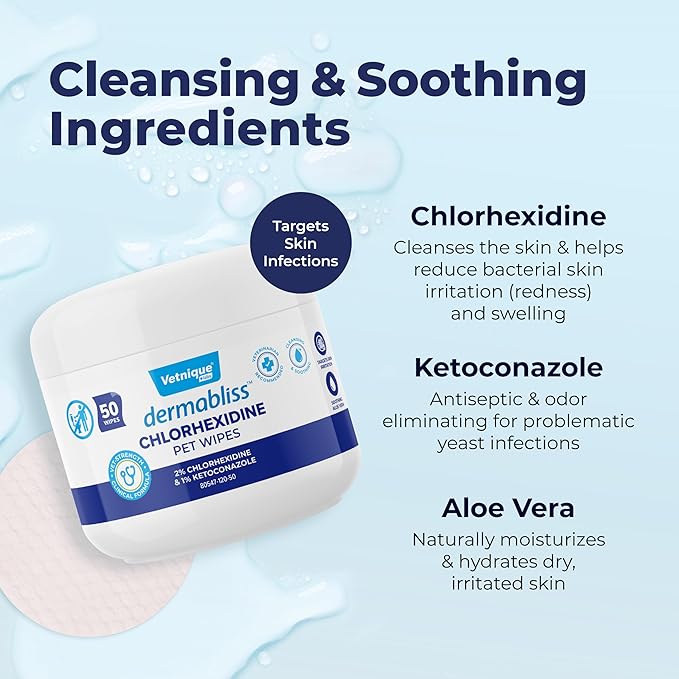 Vetnique Dermabliss Chlorhexidine for Dogs Skin Health Antibacterial Wipes for Dogs for Infections, Irritation & Redness Relief (Skin Wipes, 50 Count)