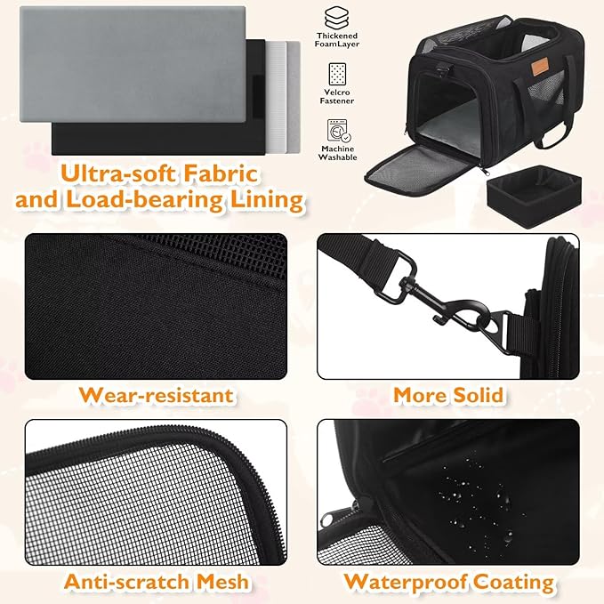 PETUX Pet Carrier Airline Approved, 17"x11"x9.5" Cat Carrier Soft with Anti-Scratch Mesh for Small Cats up to 12 lb, Top Open Portable Dog Carriers with Little Box for Puppy up to 10 lb (Black)