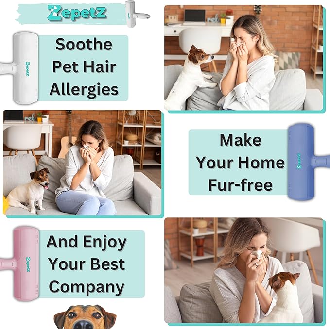 Pet Hair Removal Tool – Reusable Lint Roller for Dogs & Cats – Self-Cleaning Fur Remover Brush – Ergonomic Lint Roller for Carpet, Bedding, Couch, Car Seat & More (Blue)