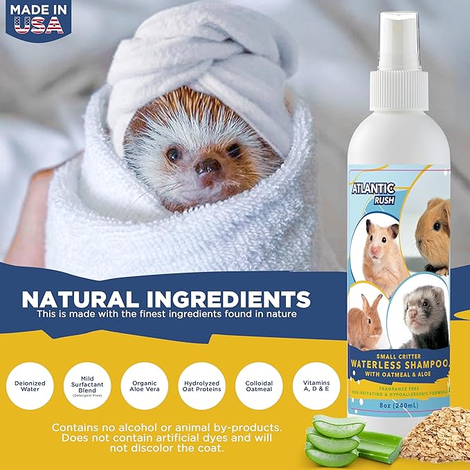 Waterless Shampoo for Small Critters - 8oz Cruelty Free Dry Shampoo - No Rinse for Pet Ferrets, Guinea Pigs, Hedgehogs, Sugar Gliders, Rabbits & Hamsters (8 oz, Fragrance Free)