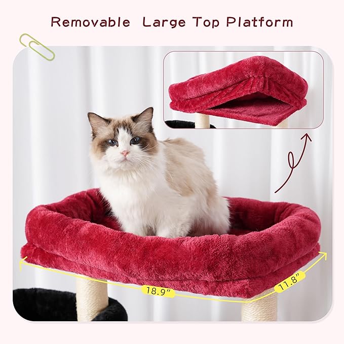 Cat Tree with Tunnel, Cat Tower for Indoor Cats, Tall Gothic Cat Tree Tower with Cat Condo, Food Station, Large Platform, Scratching Posts, Hammock, Black and Red GCT021BR