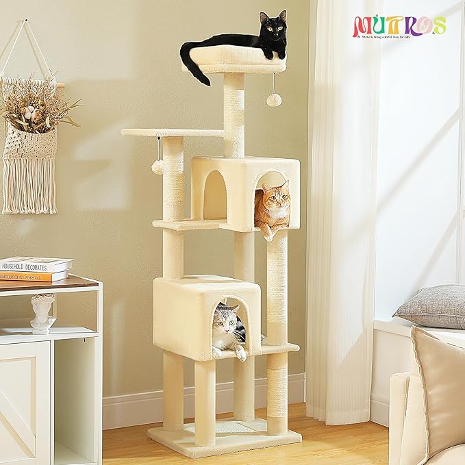 Cat Tree for Indoor Cats, Multi-Level Cat Tower with Sisal Scratching Posts, Padded Platform, Multi-Level Cat Condo w/Soft Bed & Scratching Pad, 2 Pompoms, Sturdy Base, Beige