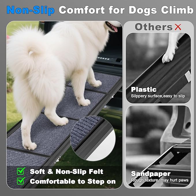 AQUILLA Dog Ramp for Car, 63" Folding Portable Dog Ramp with Non-Slip Rug Surface, Extra Wide Pet Ramps for Cat & Dogs Get on Bed, Cars, Stairs,Pick Up Trucks, Up to 250LBS (63" L x 17.3" W)